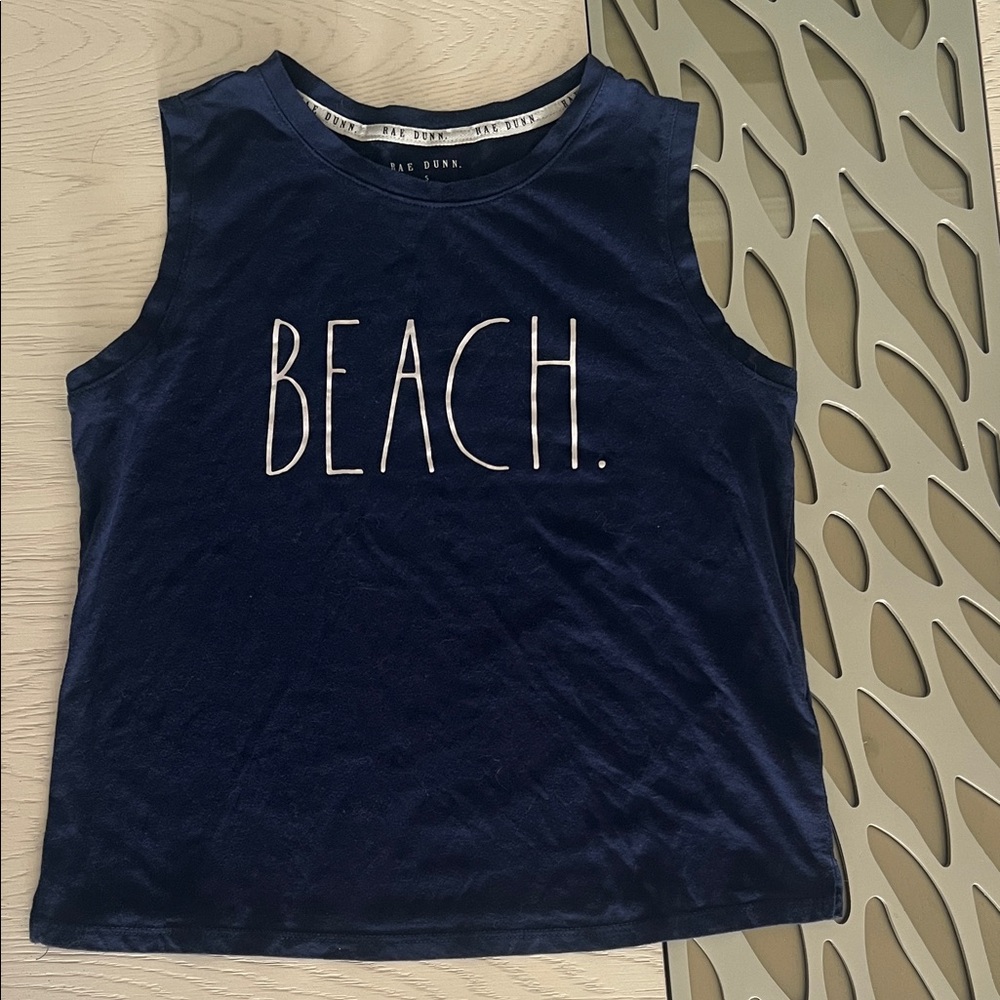 Navy Sleeveless Graphic Tank with 'BEACH.' Print